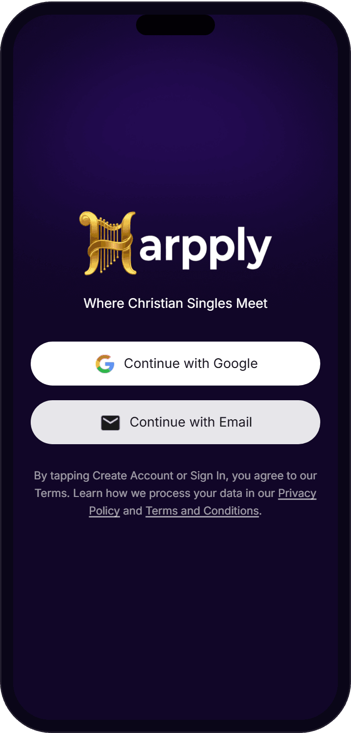 Harpply Christian dating app sign-up screen with Google and email sign-up options