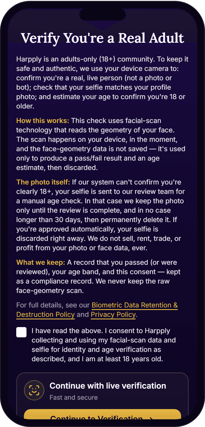 Harpply Christian dating app verification screen confirming a real adult member