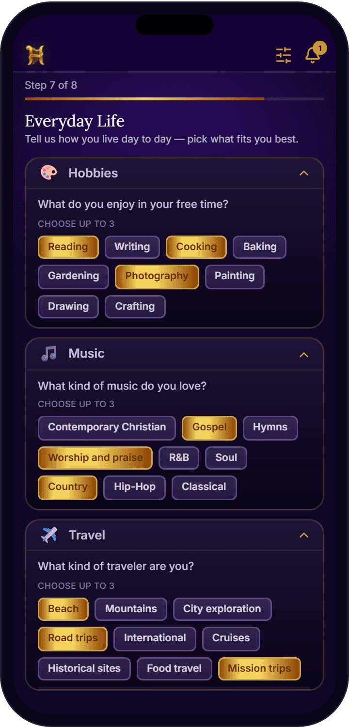 Harpply lifestyle and interests selection screen for Christian singles