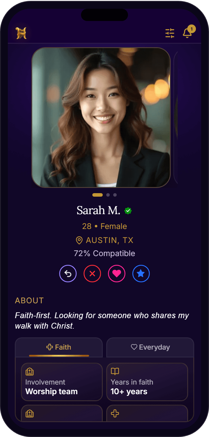 Harpply match card showing a verified Christian single and compatibility score