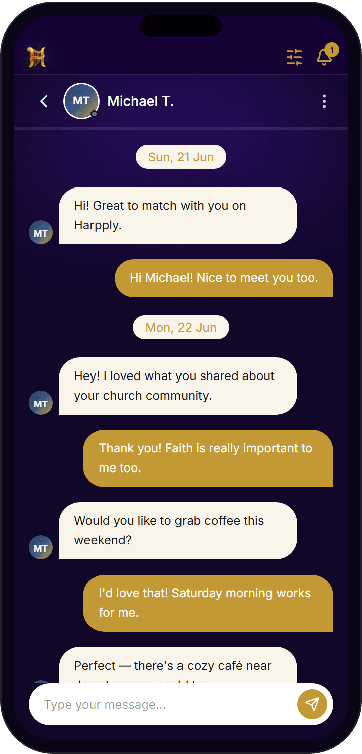 Harpply Christian dating app messaging screen with a conversation in progress