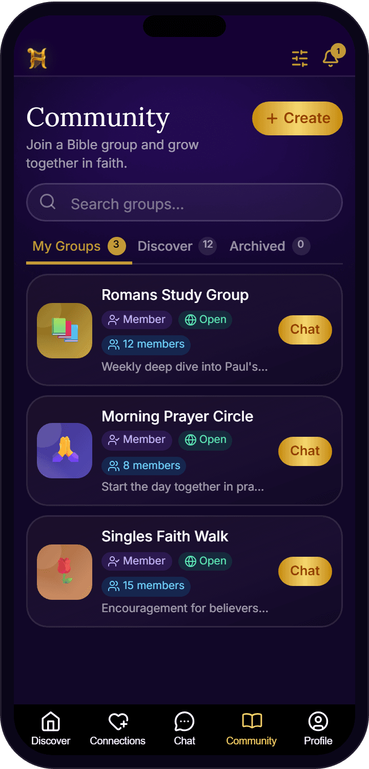 Harpply community screen listing Bible study groups for Christian singles